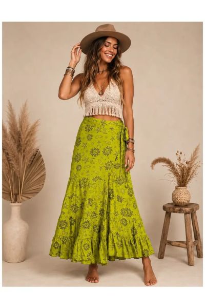 Bohemian Celestial Print Tiered Wrap Maxi Skirt