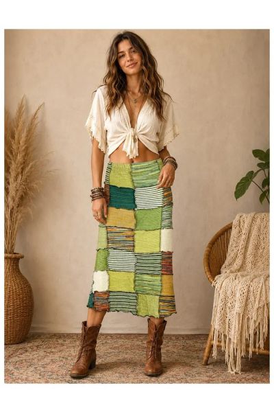 Bohemian Patchwork Knit Hippie Midi Skirt