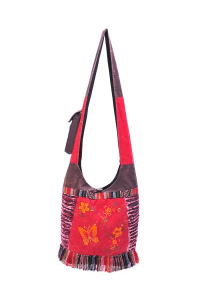 The Collection Royal Butterfly Floral and Vine Cotton Hobo Bag Red