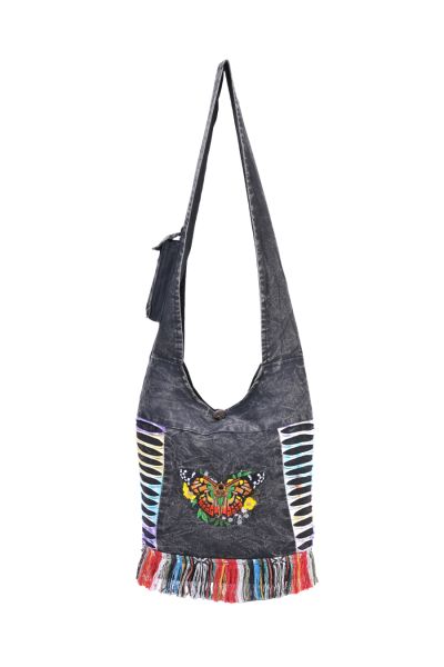 Butterfly Embroidery Hippie Hobo Bag Black
