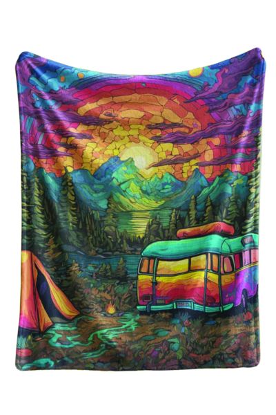 Flannel Fleece Hippie Boho Throw Blanket Sunrise Camping Van