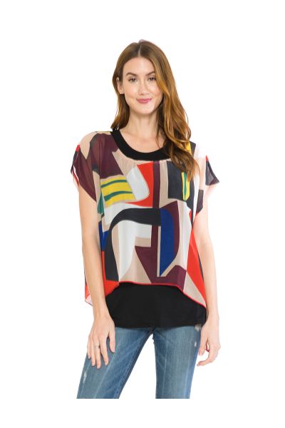 Geometrical Abstract Chiffon Top with Black Tank