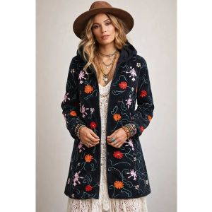Boho Embroidered Velvet Hoodie Floral Jacket