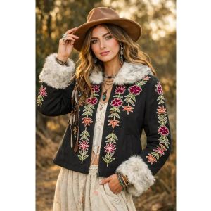Boho Embroidered Jacket Faux Fur Festival Coat