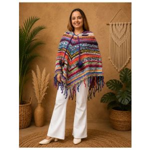 Women's Handknitted Wool Poncho with Decorative Tassels